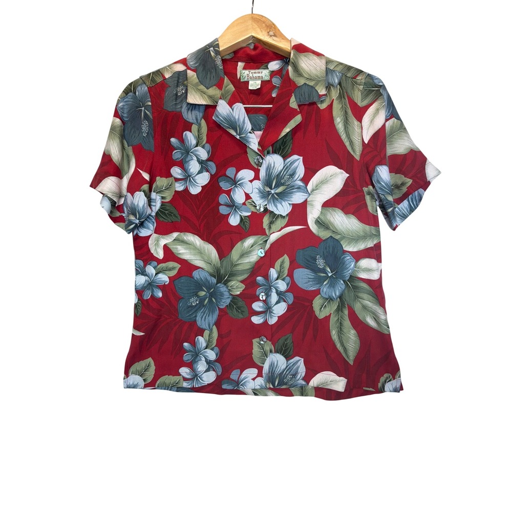 Tommy Bahama Womens XS Red Silk Tropical Hawaii  Floral Shirt Short Sleeve Top